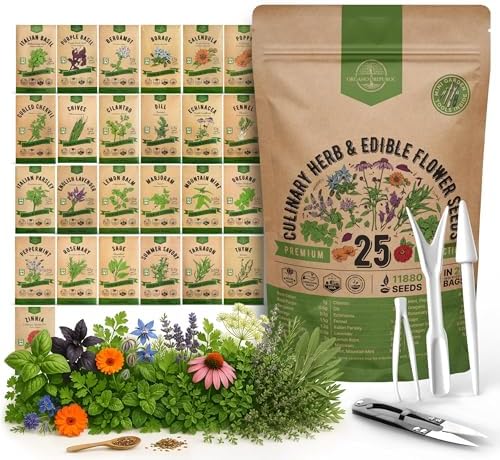 25 Culinary Herbs & Edible Flower Seed Variety Pack for Planting Indoor & Outdoors. 11900+ Non-GMO Heirloom Flower Seeds: Basil, Borage, Echinacea, Lavender, Oregano, Rosemary Seeds & More by OrganoRepublic