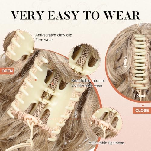 Flufymooz Ponytail Extension, 12" Short Claw Ponytail Extension Wavy Curly Jaw Clip in Pony tails Hair Extension Natural Synthetic Hairpiece for Women(Dark Blonde to Light Blonde) - Image 4