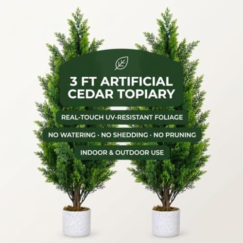 Garvee 3FT Artificial Cedar Trees 2 Pcs with White Spotted Pot - Image 3