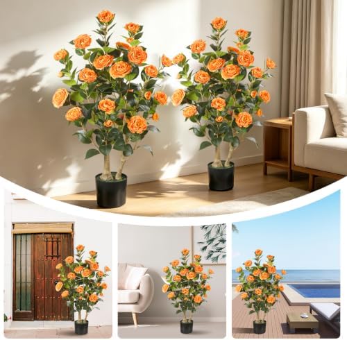 Artificial Camellia Tree 2 Pack, 3FT Faux Camellia Plant with Orange Flowers Lifelike, Faux Greenery for Living Room, Patio, or Wedding - Image 6