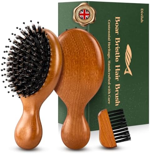 Mini Boar Bristle Hair Brush for Women Men, Small Travel HairBrush by Divilah