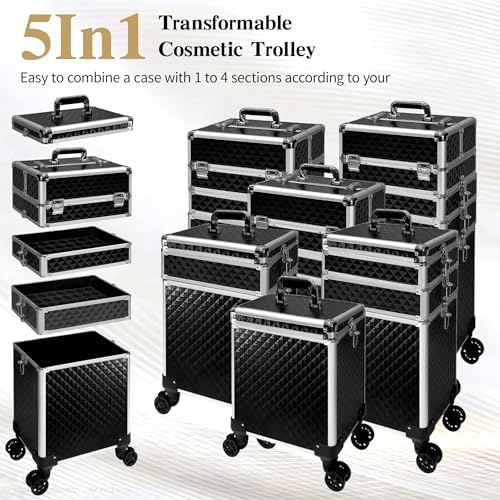 5 in 1 Rolling Makeup Train Case Professional Cosmetic Trolley Large Storage Organizer on Wheels for Hairstylist Artist Nail Beauty Salon Barber Black - Image 3