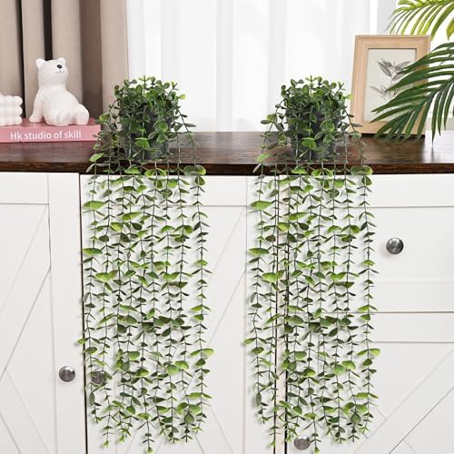 Waipfaru 2Pcs Fake Hanging Plants with Pot, Potted Faux Eucalyptus - Image 3