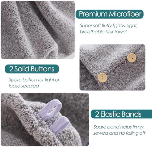 Microfiber Hair Drying Towels for Women 2 Pack w/ Secured Button,Grey+Strip - Image 3