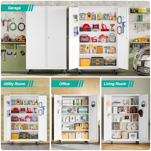 SISESOL White Wide & Deep Metal Storage Cabinet with Wheels,Tall Rolling Garage Storage Cabinet with Lock,Black Metal Cabinets with Shelves and Pegboards,Tool Locker for Garage,Home,Office - Image 5