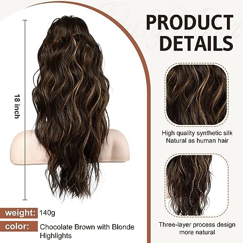 FLUFYMOOZ Ponytail Extension, 18 Inch Claw Clip Ponytail Extension, Wavy Curly Claw Clip in Ponytail Hair Extensions, Natural Fake Ponytail Synthetic Hairpiece for Women (Chocolate Brown with Blonde Highlights) - Image 2