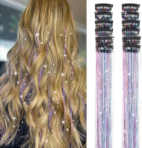Colorful Hair Tinsel 12Pcs 20.5 Inch Fairy Hair Tinsel Clip in Kit for Christmas New Year Halloween Party, Hair Accessories Extensions for Women Girls (Colorful) by Ubeleco