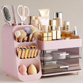 HBlife Makeup Organizer with Brush Holder for Vanity, Large Plastic Bathroom Countertop Organizer Skin Care Storage, Easy to Store Lipsticks, Nail Polishes, Perfumes, Eyeshadow Palettes, Pink by HBlife