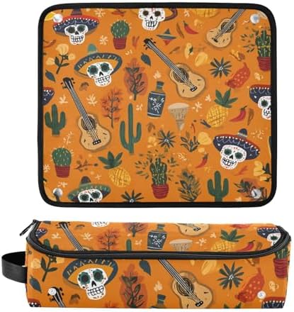 Hair Tools Travel Bag with Heat Resistant Mat Detachable 2-in-1 Curling Iron Travel Case Hot Tools Organizer for Straightener Flat Iron Day Of The Dead Orange Skull Cacti Guitar - Image 3