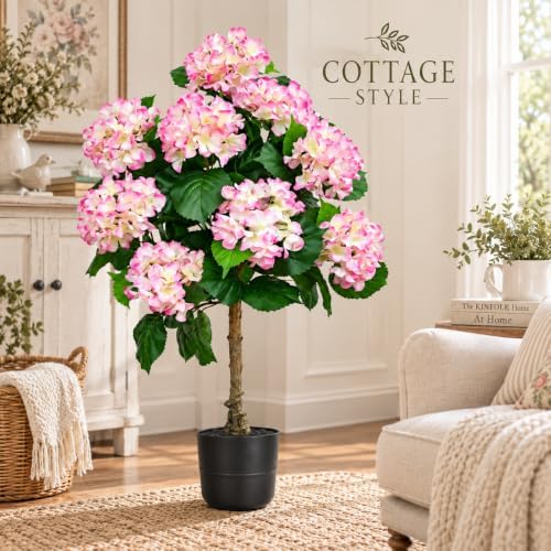 THKFUL 3.7FT Artificial Hydrangea Tree with Natural Trunk, Pink & White Faux Flowering Tree in Pot for Living Room, Entryway, Bedroom, Front Porch, Patio & Cottage Home Decor - Image 2