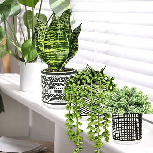 Winlyn 3 Pcs Small Potted Plants Artificial Succulents Hanging Plants and Faux Tropical Snake Plant in Black Geometric Pots for Modern Home Kitchen Windowsill Table Shelf Indoor Outdoor Greenery Decor - Image 4