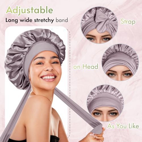 BONNET QUEEN Silk Bonnet for Sleeping Satin Bonnet with Tie Hair Wrap Double Layer Sleep Cap for Women Curly Hair, Grey Purple - Image 4