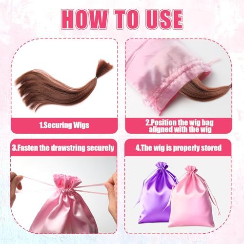 4Pcs Satin Wig Bags with Drawstring, Purple & Pink Silk Hair Storage Bags for Multiple Wigs, Hair Extensions, Weave Bundles and Braids (2 Purple + 2 Pink) - Image 4