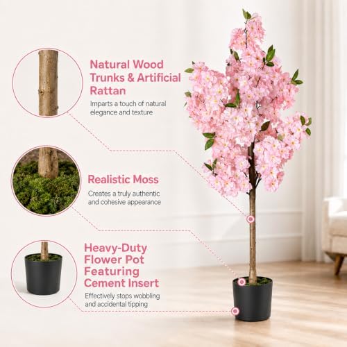 Cherry Blossom Tree 4FT Artificial Plants Indoor - Reinforced Spiral Connection Base & Anti-Shedding Silk Sakura Flowers, Faux Pink Tree for Living Room Home Office Bedroom Decor - Image 5