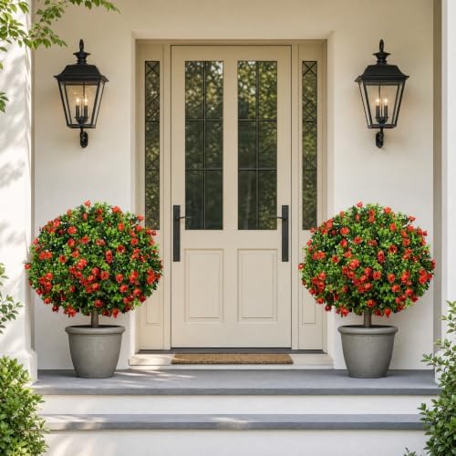 25.6'' Artificial Boxwood Topiary Plants with Red Flowers, 2 Set with Spike - Image 5