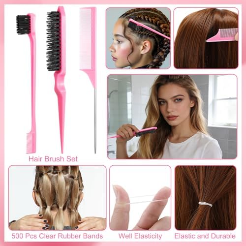 4 Pcs Boar Bristle Slick Back Hair Brush Comb with Hair Wax Stick and 500 Elastic Hairs Bands for Women Men Sectioning, Parting - Image 5