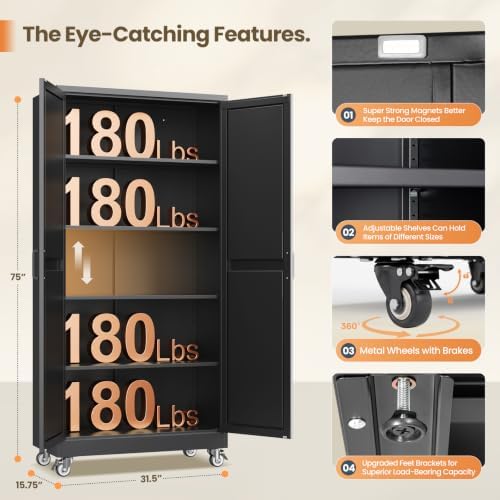 Yizosh 75"Black Metal Kitchen Pantry Cabinets,Mobile Garage Storage Cabinet - Image 3