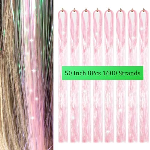 Hair Tinsel 8 Packs 1600 Strands 50 Inch Tinsel Hair Extensions Egg Pink Heat Resistant Glitter Sparkling Shinny Fairy Hair Accessories for Women and Girls(Egg Pink, 50Inch) - Image 2