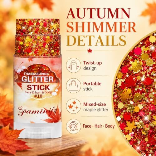 Orange Fall Leaf Thanksgiving Hair Face Glitter Stick,Orange Red and Gold Fall Body Glitter Stick,Autumn Holographic Mixed Color Maple Leaf for Thanksgiving Party Chunky Glitter Makeup - Image 2