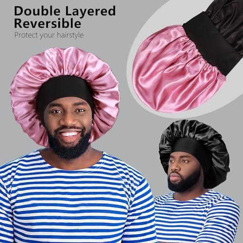 2pcs Bonnets for Men, Double Layer Hair Bonnet Satin Bonnet for Women Curly Hair Braids - Image 2