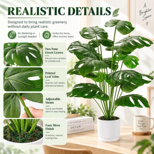 Der Rose 28" Fake Plants, Artificial Monstera Plants Indoor in White Pot - Image 4