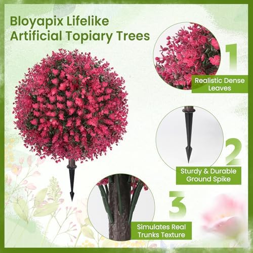 Artificial Red Eucalyptus Topiary Ball Tree, Set of 2 Fake Boxwood Bushes Shrubs with Ground Spike, UV Resistant Faux Evergreen Trees Ball for Front Porch Planters Outdoor Garden Decor - Image 5