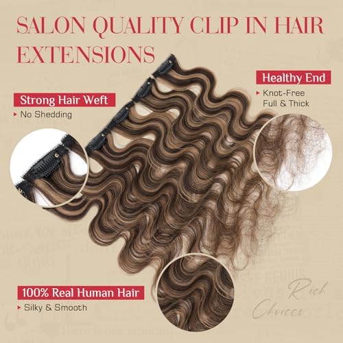 Rich Choices Clip In Hair Extension Real Human Hair-Wave/Curly 6 Pcs Single Clip Hairs Extension for Women-Invisible Mini Clips in Hairpieces-16 Inch #2RP6 Chocolate Brown Highlight Light Brown - Image 6