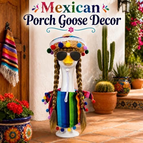 Mexican Fiesta Porch Goose Outfit with Brown Wig & Hat Decor, 4-Pcs - Image 4