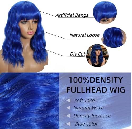 Sebas Pastel Bob Wig with Bangs, loose wavy Synthetic Cosplay Wig (Blue) - Image 3