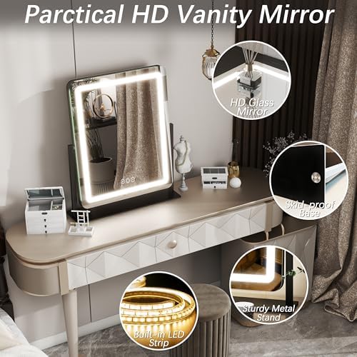 FENNIO Vanity Mirror with Lights 19"x22" - LED Lighted Makeup Mirror,Large Makeup Mirror with Lights,Touch Screen with 3-Color Lighting,Led Mirror Makeup,Dimmable, for Vanity Desk Tabletop, Bedroom - Image 4