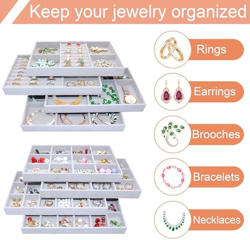 Set of 8 Stackable Jewelry Organizer X-Large Velvet Jewellry Trays Jewelryy Drawer Inserts, Earring Ring Brooch Necklace Bracelet Watch Display Plate with Removable Dividers - Image 6
