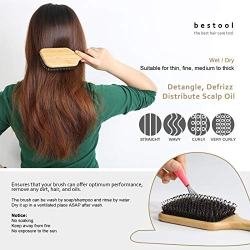 BESTOOL Hair Brush, Boar & Nylon Bristle Brush for All (Women, Men, Kids) Wet/Dry Hair, Massaging Detangling, Enhance Shine & Health (Square, Black) - Image 4