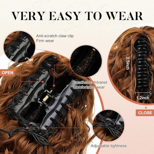 Flufymooz Ponytail Extension, 12" Short Claw Ponytail Extension Wavy Curly Jaw Clip in Pony tails Hair Extension Natural Synthetic Hairpiece for Women (Copper Red) - Image 4