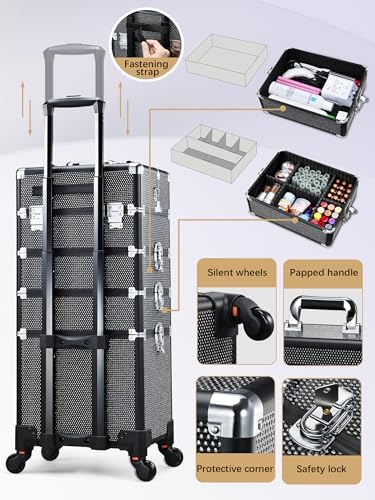 Costravio 5 in 1 Rolling Makeup Case on Wheels Large Cosmetology Case Organizer Beauty Cosmetic Train Case Travel Nail Cart for Make-up Studio Hair Salon, Black Glitter - Image 4