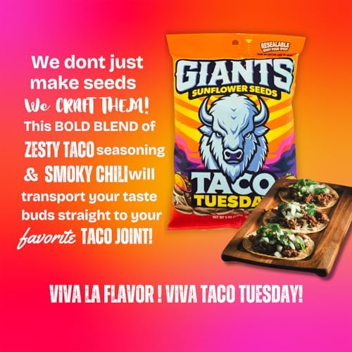 GIANTS Taco Tuesday Sunflower Seeds - Sunflower Seeds to Eat, High Protein Snack, Zesty Taco Seasoning, Source of Vitamin E & Fiber Content - 5 oz Resealable Bags (Bulk Pack of 12) - Image 4