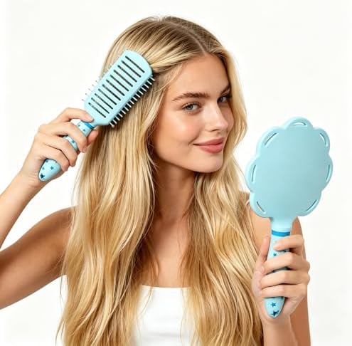 4 Pieces Hair Brush Set Detangling Hair Brush Hair Comb Set For Women Girls Gifts Cute Shaped Hair Combs Hair Brushes Handheld Mirror Sets Massage HairBrush with Air Cushion For Wet Dry Hair (Pink) - Image 7