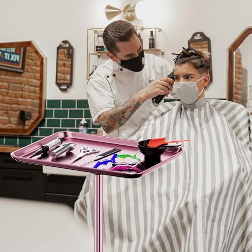 Salon Tray Cart Rolling Tray Spa Tray,Tattoo Tray Dental Tray Height Adjustable,Salon Tray on Wheels Premium Metal Rolling Trolley,Pink - Image 5