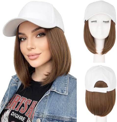 SEGO Baseball Cap with Hair Extensions for Women Heat Resistant Synthetic Hair Attached Short Straight Hairpiece White Baseball Cap Wig Adjustable Hat Wigs for Women 6 Inch 10A Light Brown by SEGO