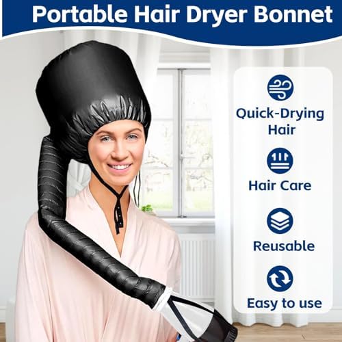 Hair Dryer Bonnet Attachment, Portable Blow Dryer, Soft Adjustable Hooded Bonnet with Stretchable Grip and Extended Hose Length Fits All Head Sizes & All Hair Styling (Black) - Image 2