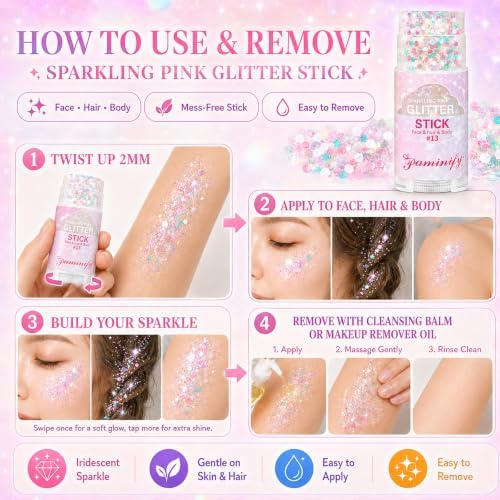 Sparkling Pink Hair Face Glitter Stick,Waterproof Holographic Chameleon Pink Body Glitter Stick, Halloween Mermaid Fairy Costume Spirit Day Accessories,Festival Rave Concert Carnival Makeup - Image 5