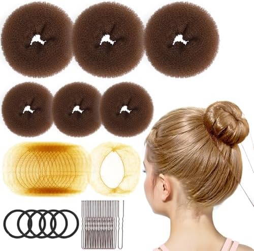 FANDAMEI 6 PCS Hair Bun Makers for Kids, 10 Invisible Bun Nets for Ballet Girls, 3PCS Extra Small 3PCS Small Donut Buns for Hair, Bun Makers Hair Nets for Buns with 5 Elastics 20 Pins (Light Brown) by FANDAMEI