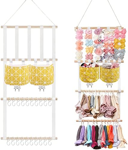 kangaroo Hairband Organizer for Baby Girls, Large Capacity Bow Holder Hair Accessories Wall Hanging Organizer with 20 S-hooks and 2 Pockets, Yellow by kangaroo