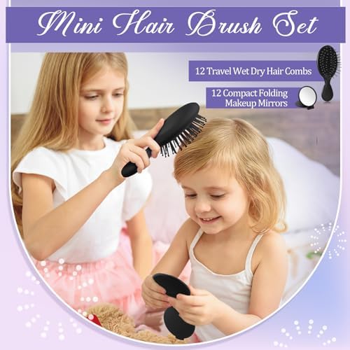 Meanplan 24 Pcs Mini Hair Brush Set 12 Travel Wet Dry Hair Combs Pocket Detangling 12 Compact Folding Makeup Mirrors for Spa Sleepover Birthday Bridal Shower Bachelorette Christmas Party Gift (Black) - Image 5