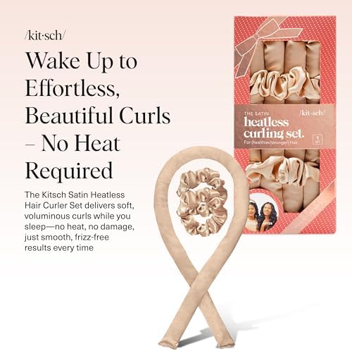 Kitsch Satin Heatless Hair Curler Set - Heatless Curls Overnight, Hair Rollers for Soft Curls & Frizz-Free Styling, No Heat Curlers To Sleep in, Curling Rod Headband with 2 Scrunchies - Champagne - Image 2
