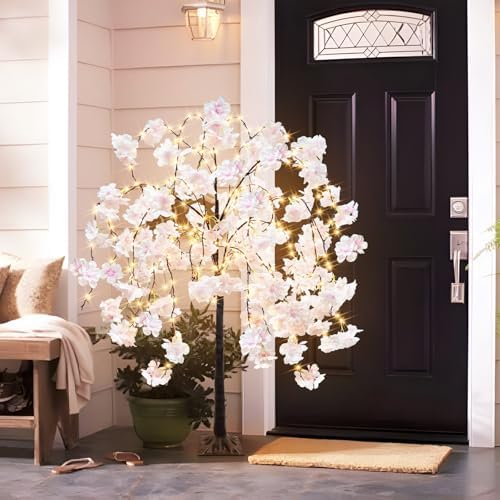 obbsie 4FT Cherry Blossom Tree with 360 LED Fairy Lights Artificial Lighted Tree with 8 Lighting Modes Light Up Pink Tree with Faux Flowers for Spring Wedding Party Indoor Outdoor Decor - Image 4