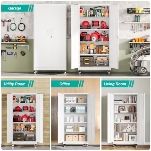 SISESOL 75" Tall White Metal Storage Cabinet with Wheels and Shelves - Image 7