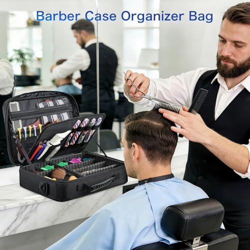 Yueieoun Professional Barber Clipper Case Organizer Bag with Adjustable Dividers, Detachable 6-Slot Scissors Panel, Travel Grooming Tool Storage - Fits Wahl/Andis/Hatteker - Image 2