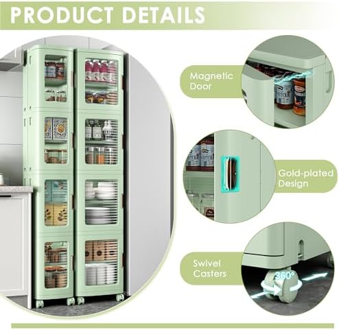 VECELO 4-Tier Narrow Storage Cabinet with Wheels, Light Green - Image 4
