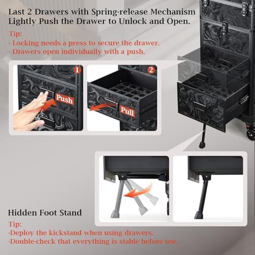 Stagiant Rolling Makeup Case with Drawers Cosmetology Case on Wheels 4 IN 1 Makeup Case 3 Drawers with Foot Stand Spring-release Mechanism Rolling Make Up Organizer for Artist Salon Nail Teach Trunk - Image 2