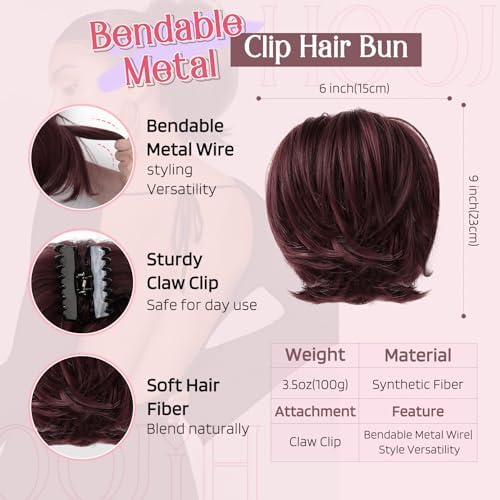 HOOJIH Messy Bun Hair Piece, Claw Clip in Straight Hair Bun 9 Inch Short Ponytail Extension with Bendable Metal Wire Hair Pieces for Women Fake Hair Bun DIY Styles - Wine Red - Image 2